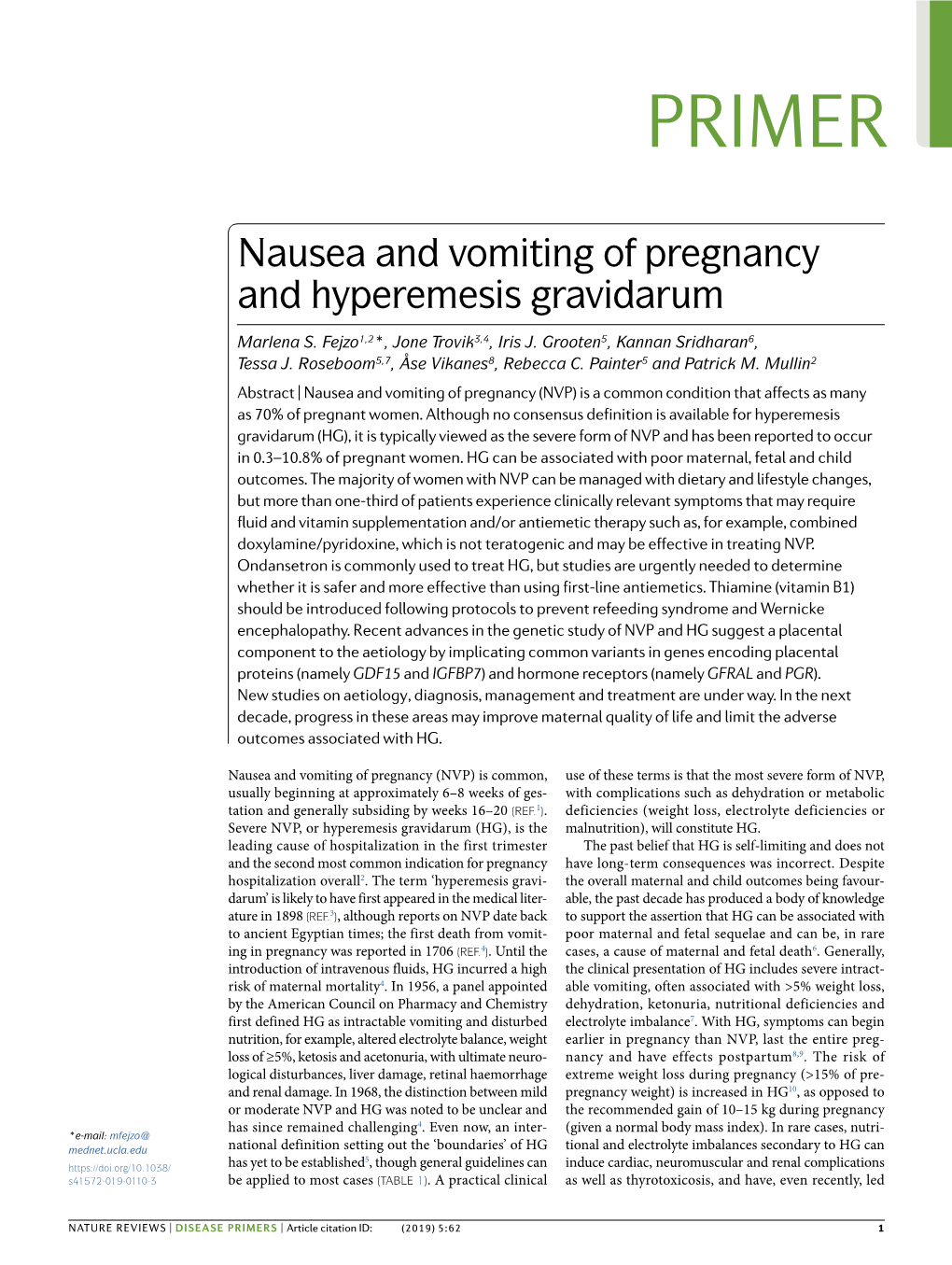 Nausea and Vomiting of Pregnancy and Hyperemesis Gravidarum