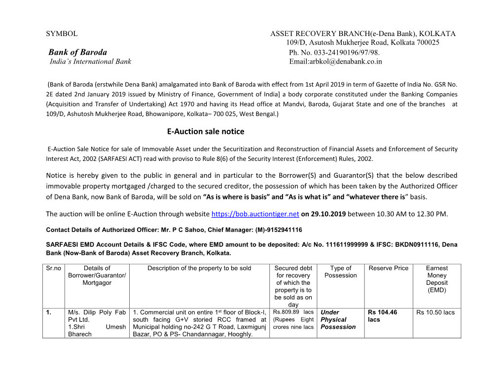 Bank of Baroda E-Auction Sale Notice