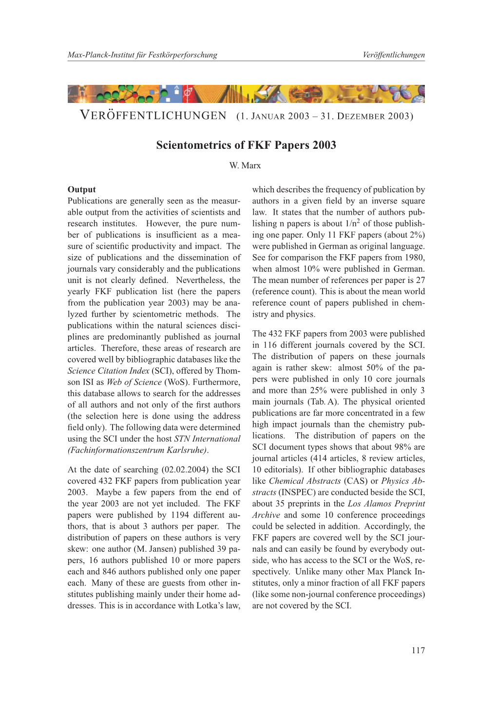 Scientometrics of FKF Papers 2003