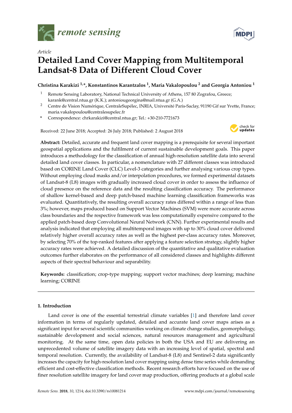 Detailed Land Cover Mapping from Multitemporal Landsat-8 Data of Different Cloud Cover