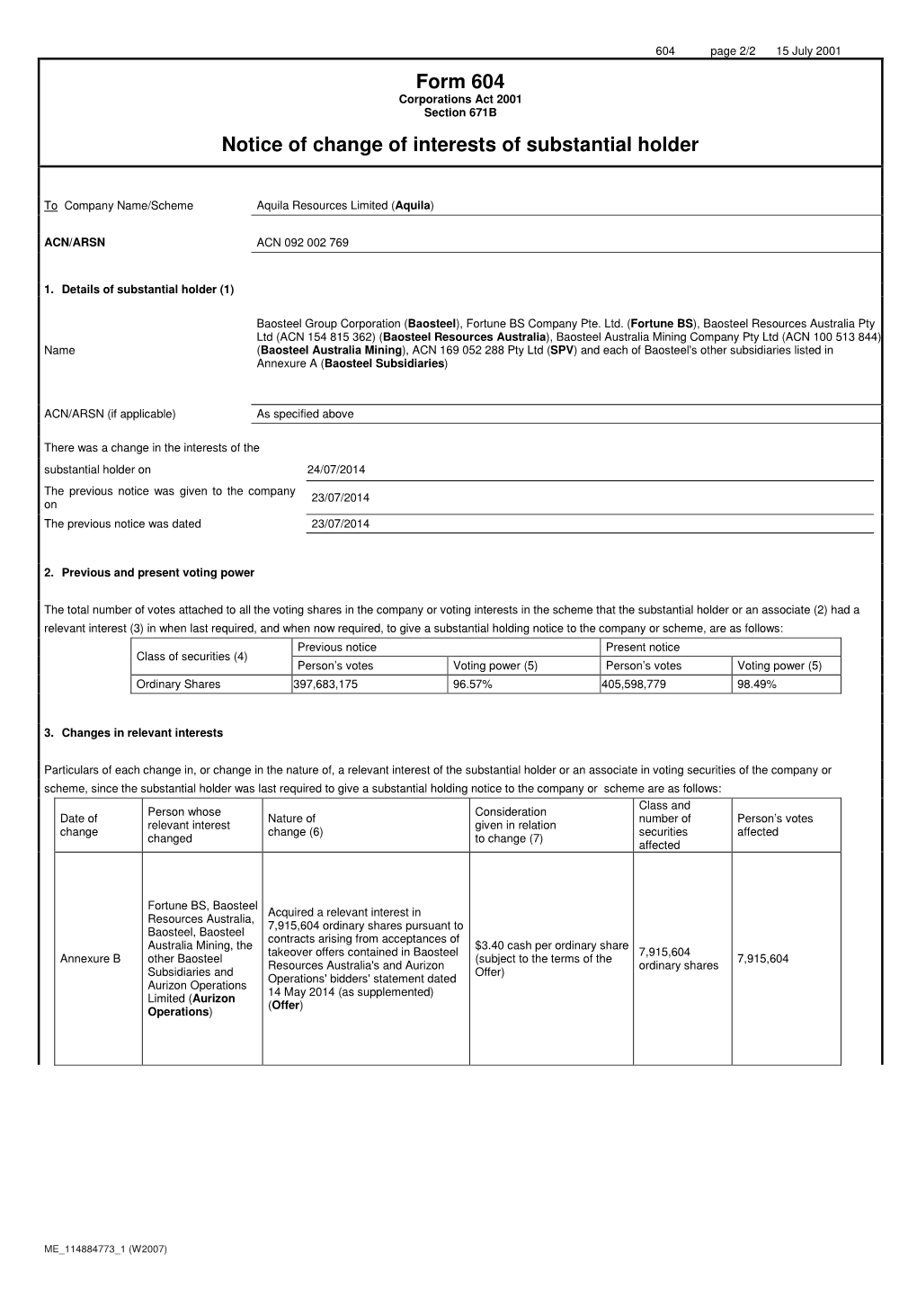 Form 604 Notice of Change of Interests of Substantial Holder and Signed by Me, Adam Handley (Solicitor)