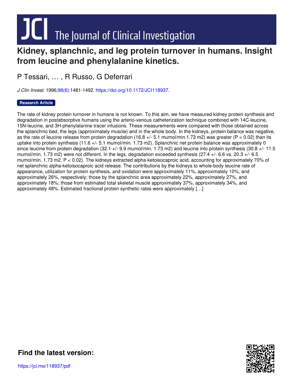 Kidney, Splanchnic, and Leg Protein Turnover in Humans. Insight from Leucine and Phenylalanine Kinetics