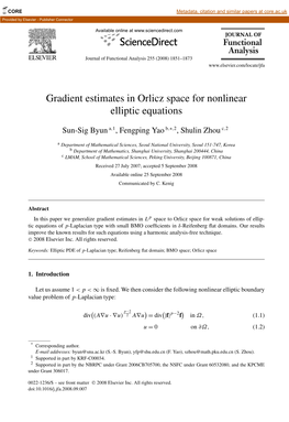 Gradient Estimates in Orlicz Space for Nonlinear Elliptic Equations