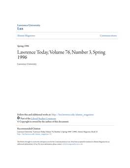 Lawrence Today, Volume 76, Number 3, Spring 1996 Lawrence University