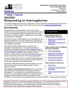 Responding to Interrogatories This Guide Includes Instructions and Sample Forms