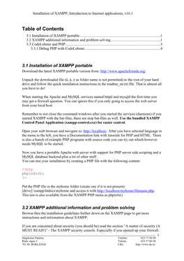 Table of Contents 3.1 Installation of XAMPP Portable