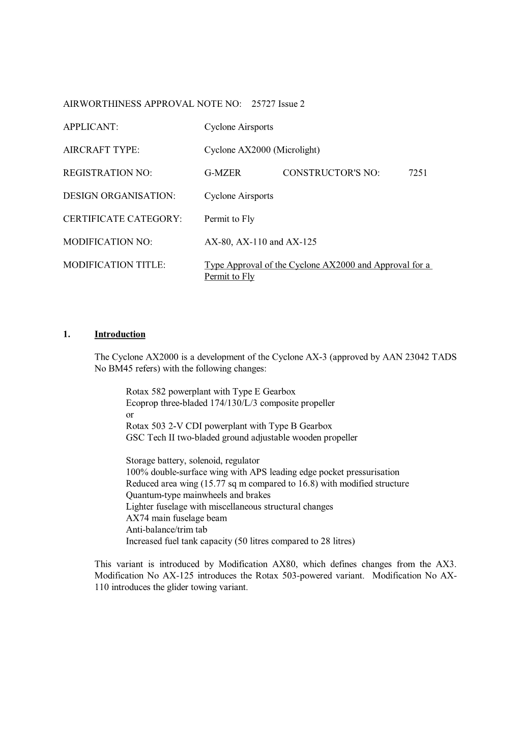 Cyclone AX2000 Airworthiness Approval Issue 2