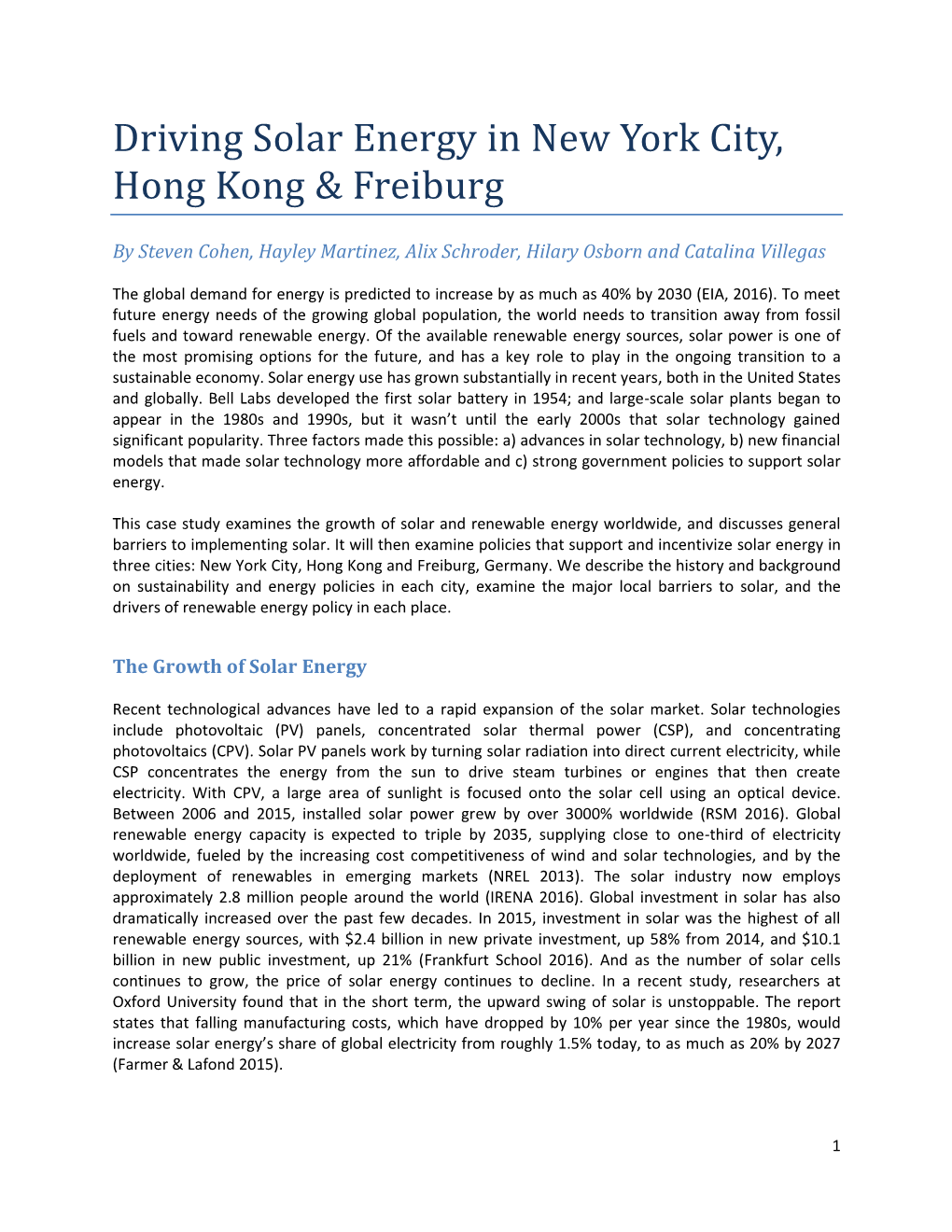 Driving Solar Energy in New York City, Hong Kong & Freiburg