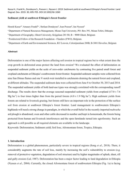 Sediment Yield at Southwest Ethiopia's Forest Frontier Abstract Deforestation Is One of the Major Factors Affecting Soil Erosi