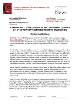 Saxophonist Joshua Redman and the Bad Plus Open 2015/16 Symphony Center Presents Jazz Series