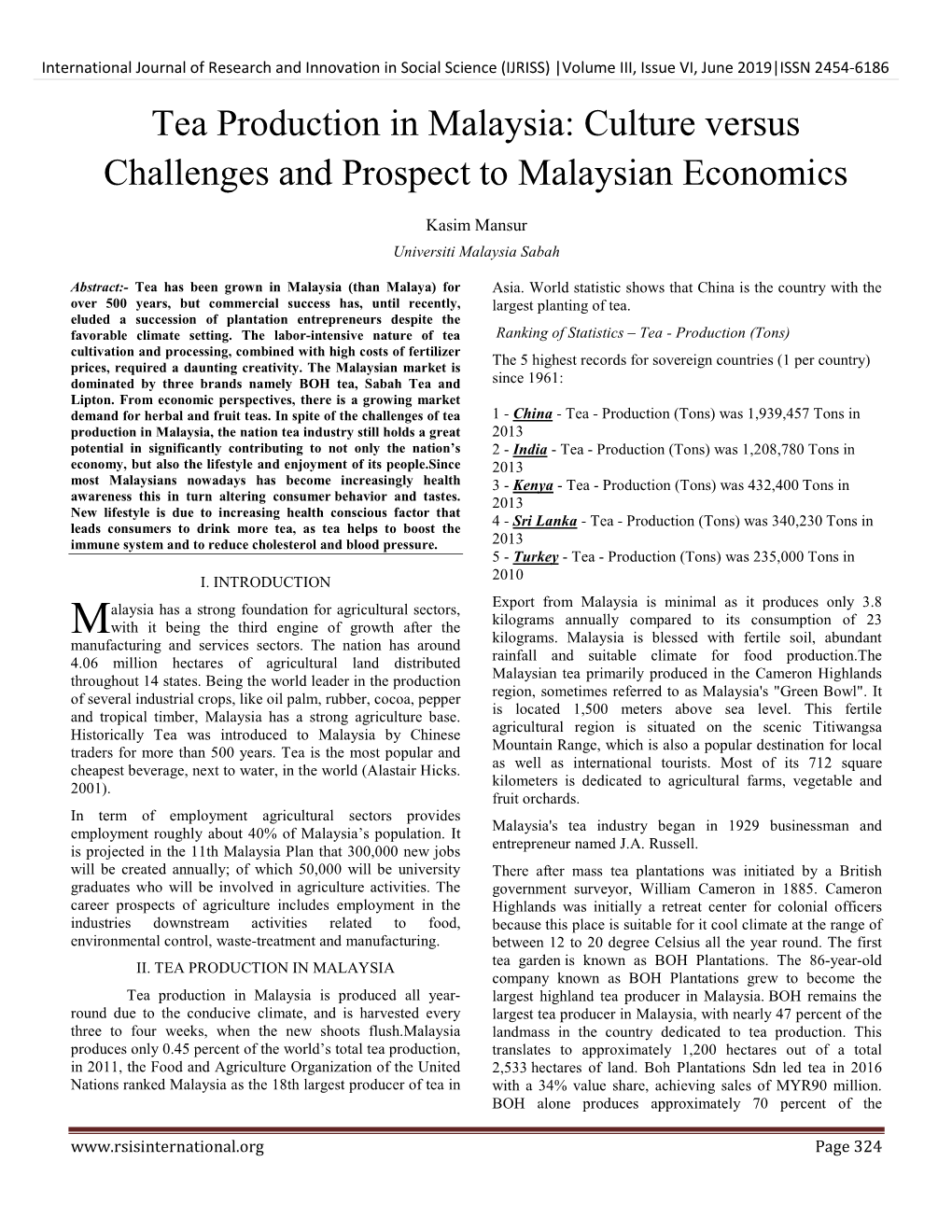 Tea Production in Malaysia: Culture Versus Challenges and Prospect to Malaysian Economics