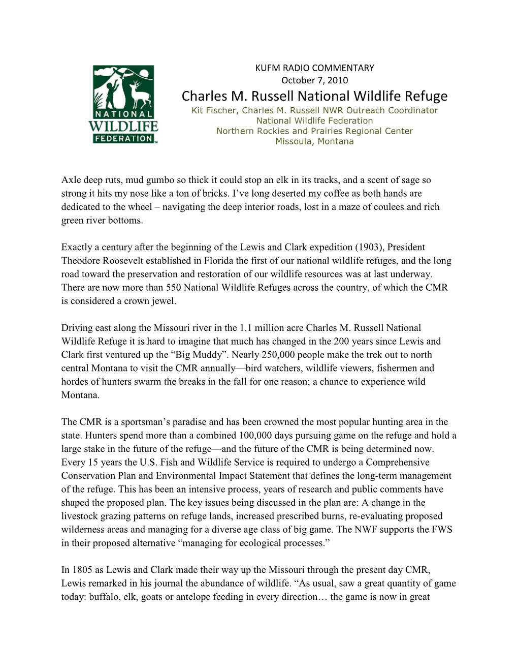 Charles M. Russell National Wildlife Refuge Kit Fischer, Charles M