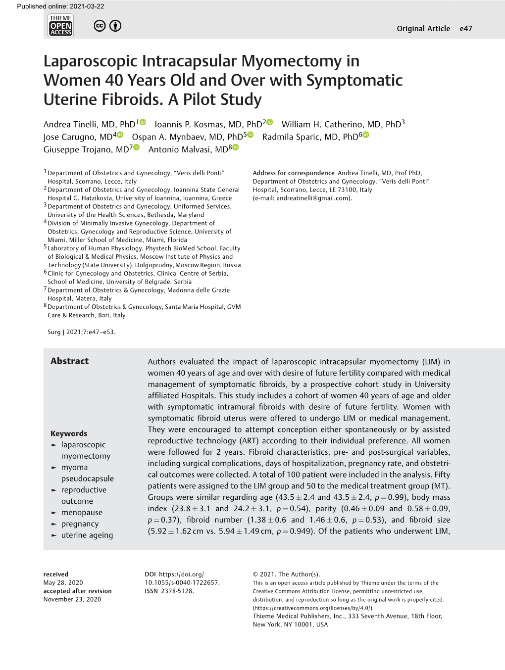 Laparoscopic Intracapsular Myomectomy in Women 40 Years Old and Over with Symptomatic Uterine Fibroids