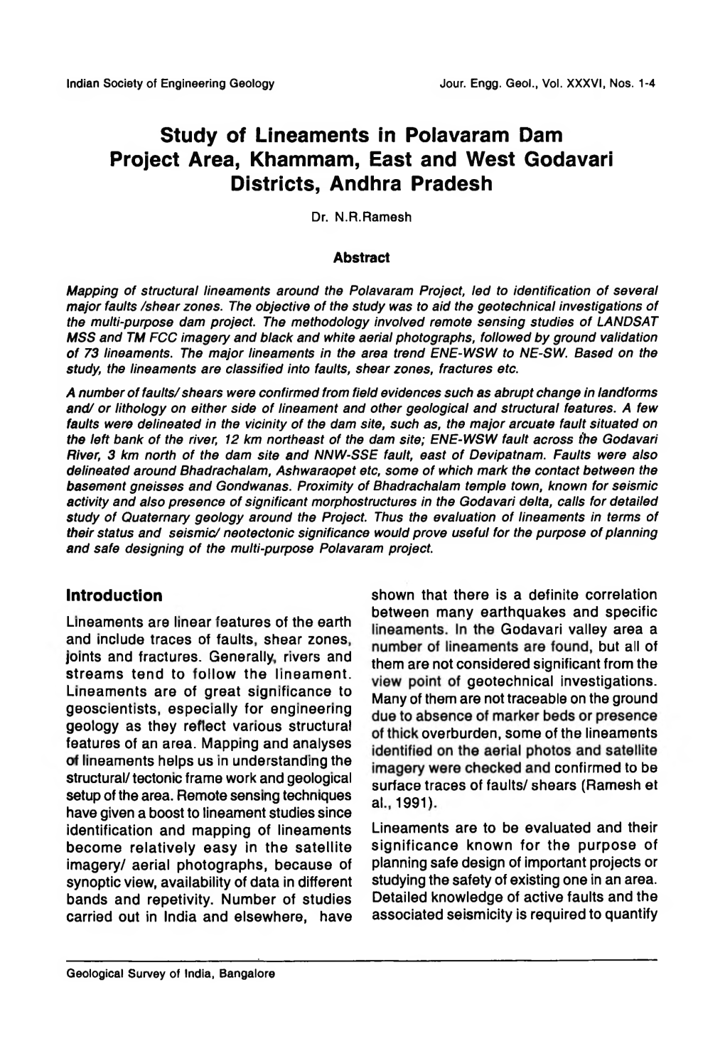 Study of Lineaments in Polavaram Dam Project Area, Khammam, East and West Godavari Districts, Andlira Pradeshi Dr