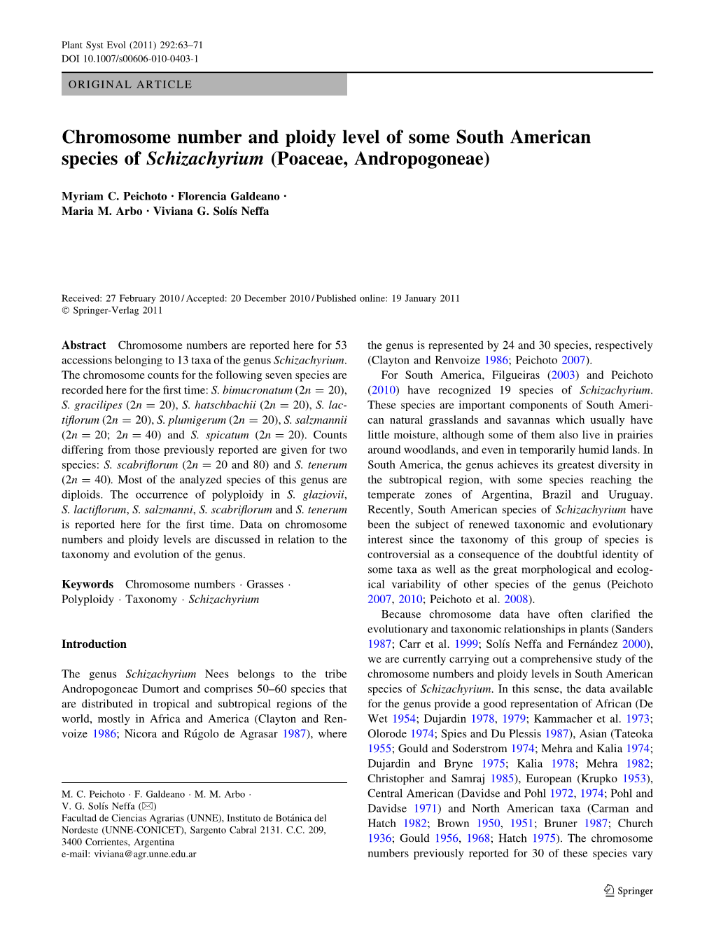 Chromosome Number and Ploidy Level of Some South American Species of Schizachyrium (Poaceae, Andropogoneae)