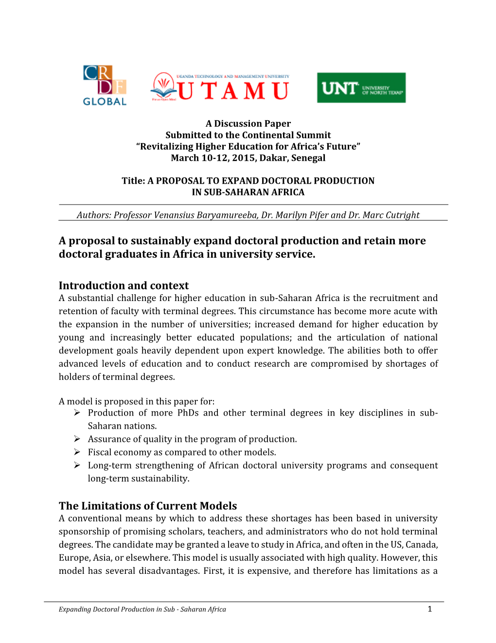 A Proposal to Sustainably Expand Doctoral Production and Retain More Doctoral Graduates in Africa in University Service. Introd