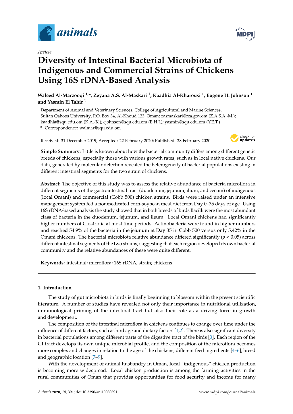 Diversity of Intestinal Bacterial Microbiota of Indigenous and Commercial Strains of Chickens Using 16S Rdna-Based Analysis