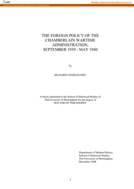 The Foreign Policy of the Chamberlain Wartime Administration, September 1939 - May 1940