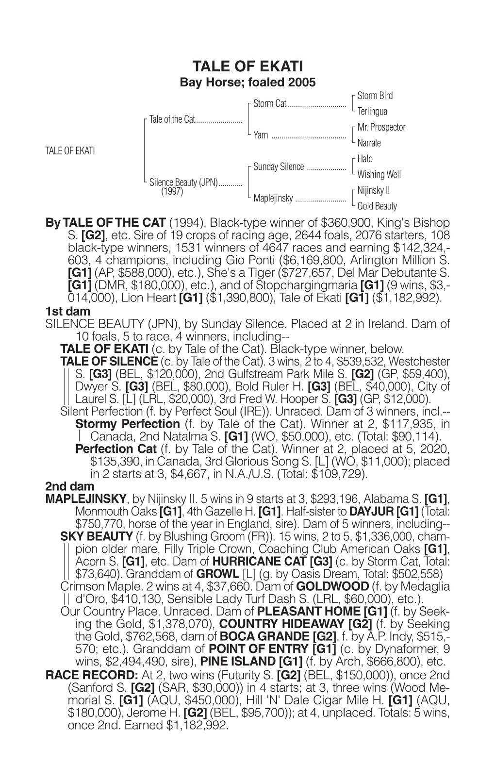 TALE of EKATI Bay Horse; Foaled 2005 Storm Bird Storm Cat