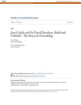 Jane Carlyle and Sir David Davidson: Belief and Unbelief -- the Ts Ory of a Friendship K