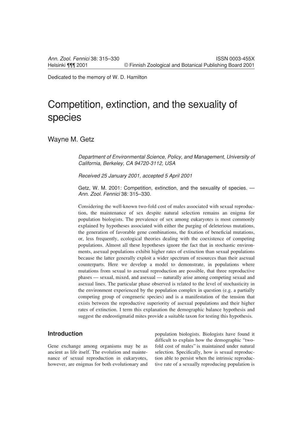 Competition, Extinction, and the Sexuality of Species