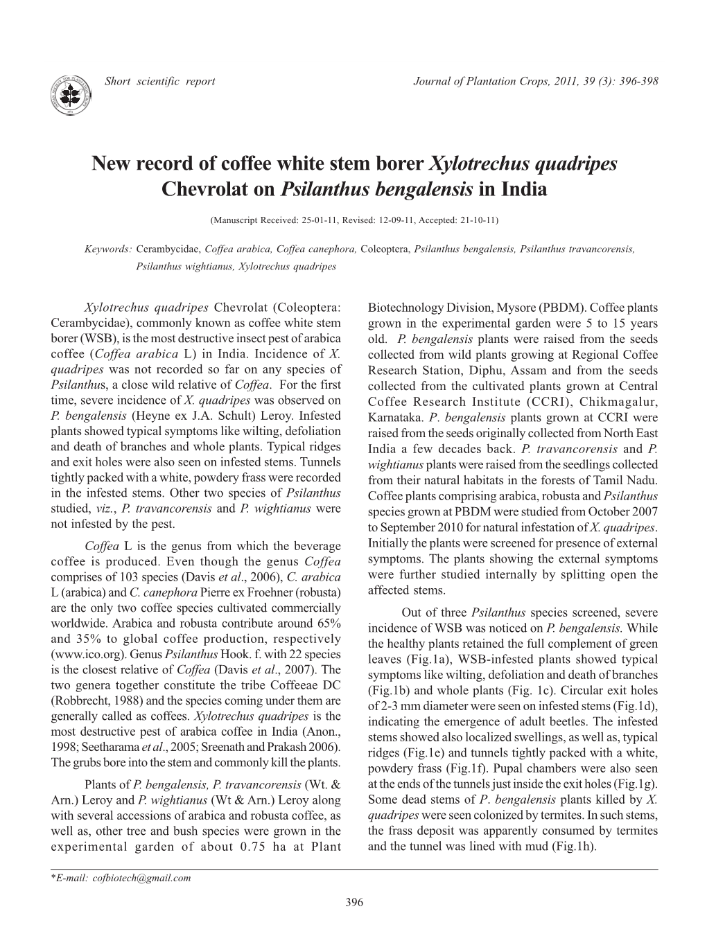 New Record of Coffee White Stem Borer Xylotrechus Quadripes Chevrolat on Psilanthus Bengalensis in India