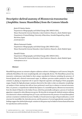 Descriptive Skeletal Anatomy of Blommersia Transmarina (Amphibia: Anura: Mantellidae) from the Comoro Islands