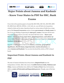 Major Points About Jammu and Kashmir - Know Your States in PDF for SSC, Bank Exams