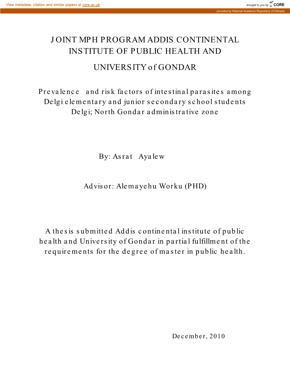 JOINT MPH PROGRAM ADDIS CONTINENTAL INSTITUTE of PUBLIC HEALTH and UNIVERSITY of GONDAR