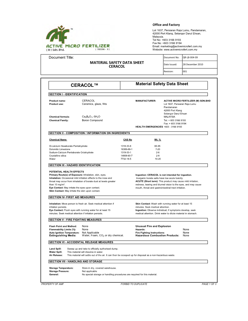CERACOL™ Material Safety Data Sheet