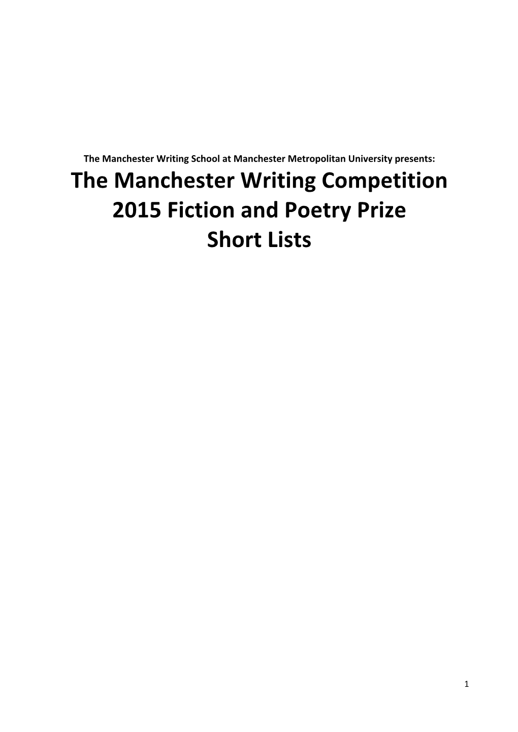 2015 Manchester Writing Competition Short Lists