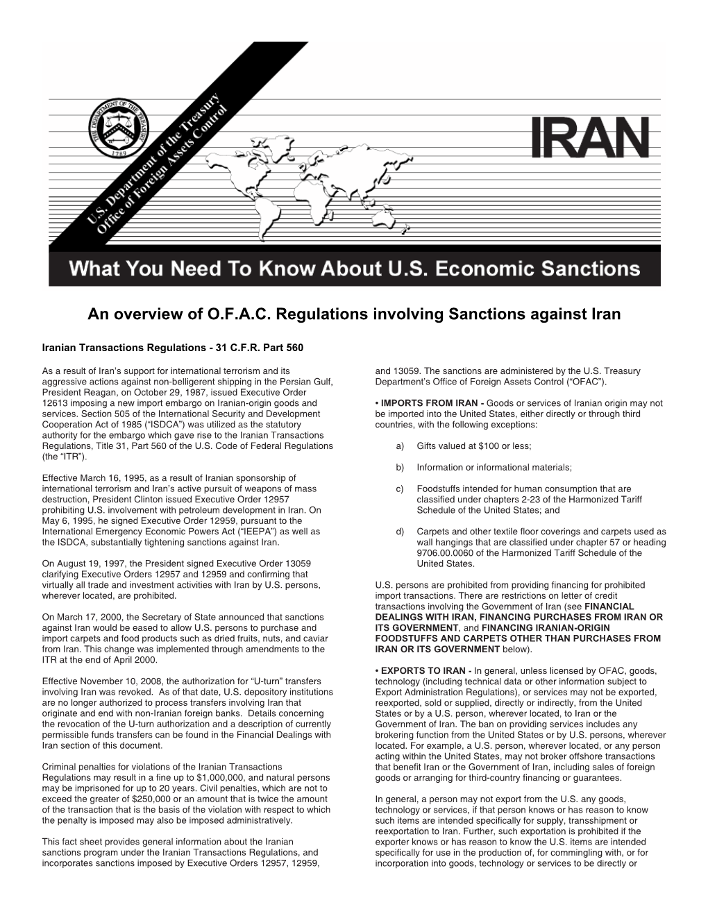 An Overview of O.F.A.C. Regulations Involving Sanctions Against Iran