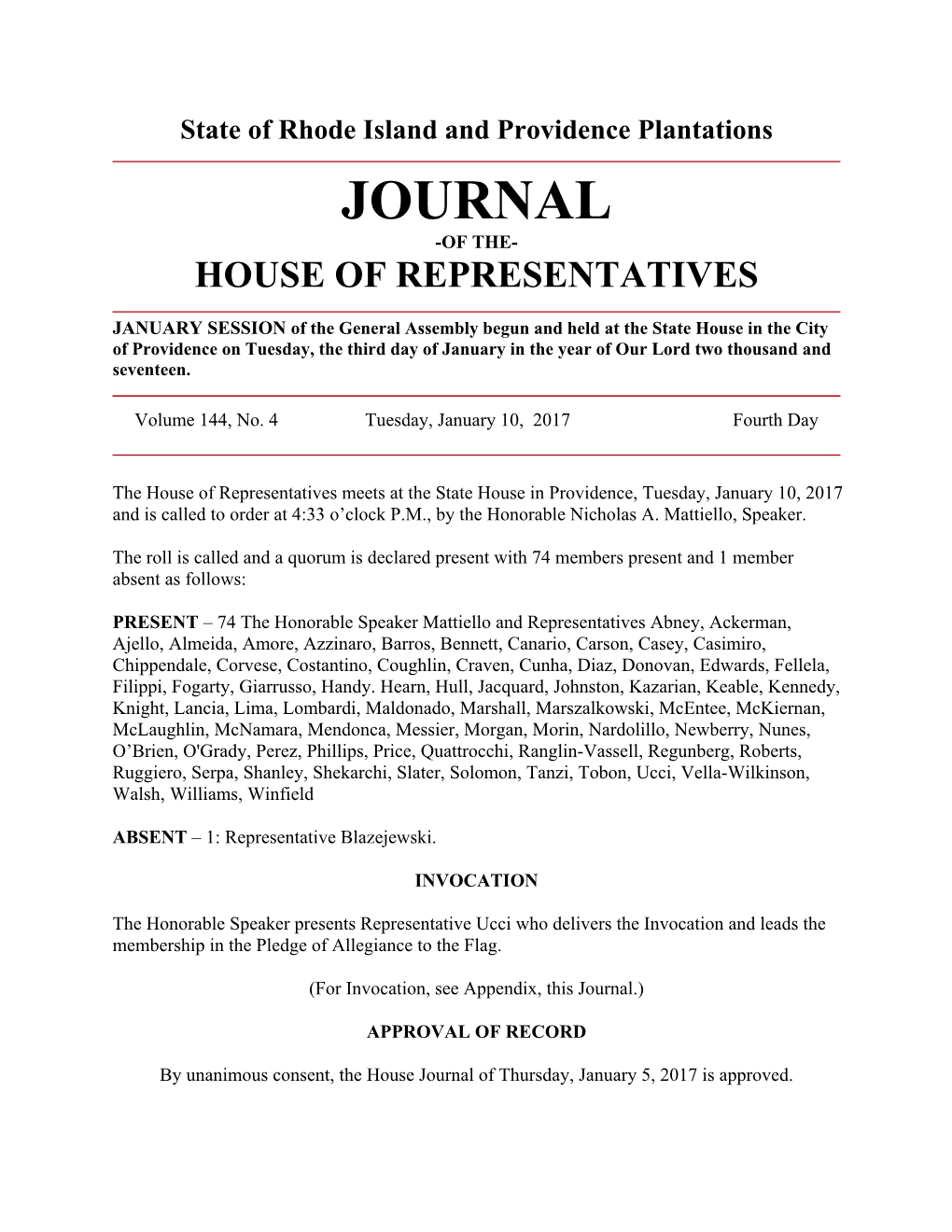 Journal -Of The- House of Representatives