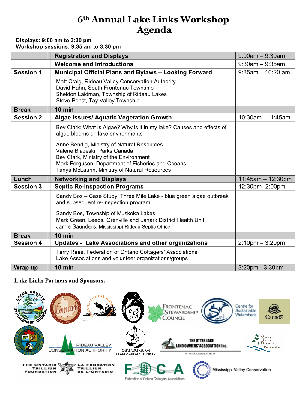 6Th Annual Lake Links Workshop Agenda