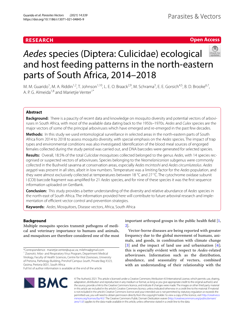 Aedes Species (Diptera: Culicidae) Ecological and Host Feeding Patterns in the North‑Eastern Parts of South Africa, 2014–2018 M