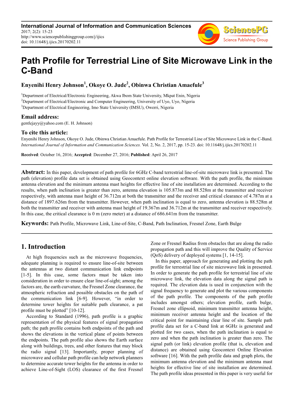 Path Profile for Terrestrial Line of Site Microwave Link in the C-Band