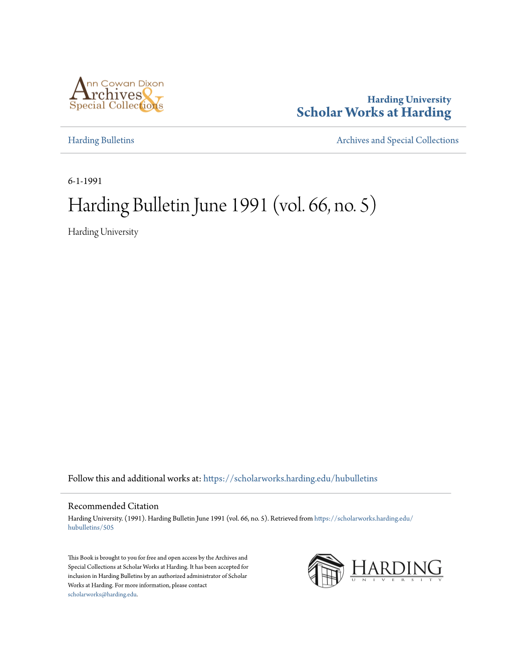 Harding Bulletin June 1991 (Vol. 66, No. 5) Harding University