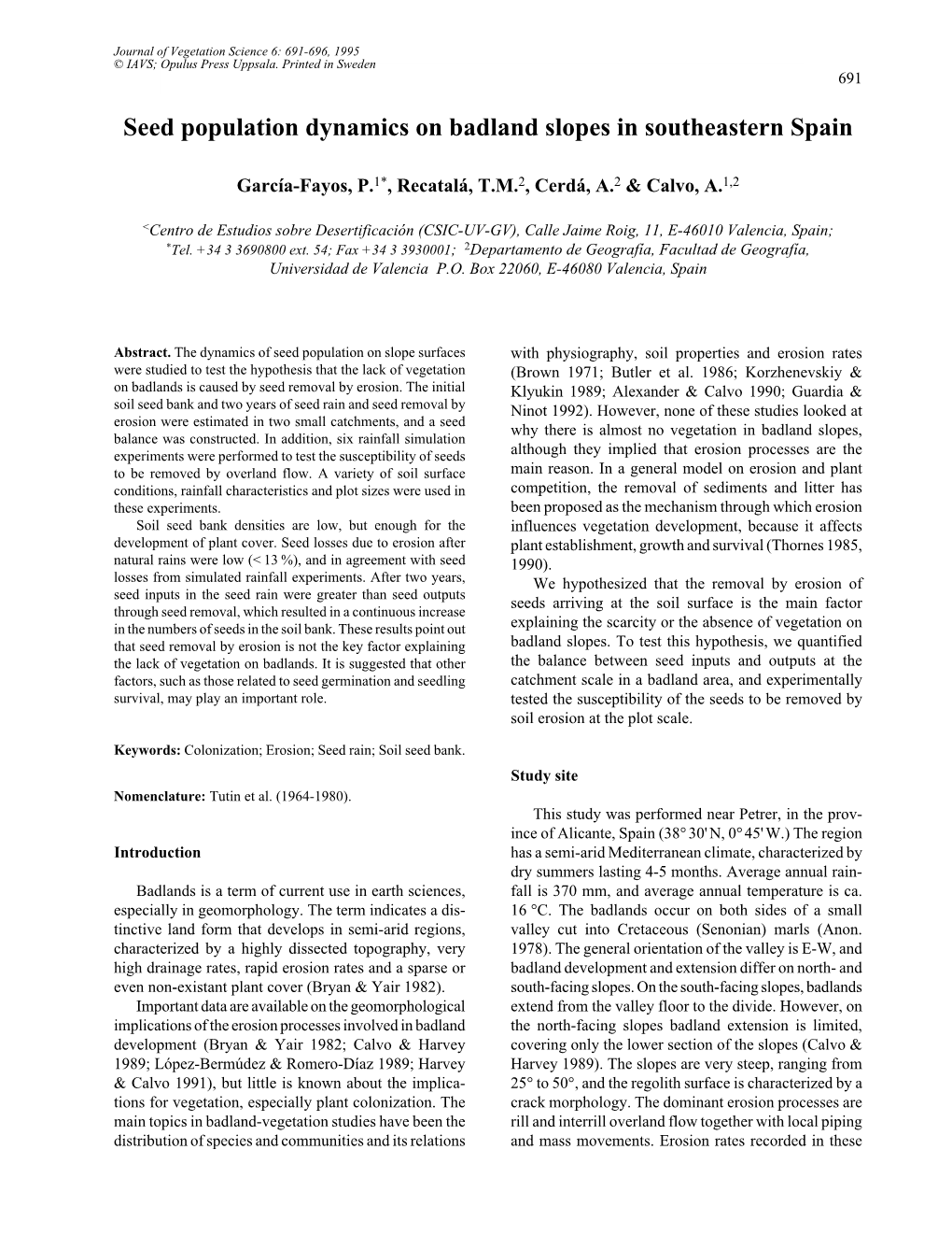 Seed Population Dynamics on Badland Slopes in Southeastern Spain