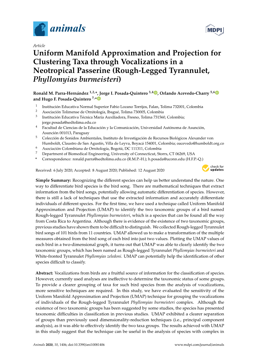 Uniform Manifold Approximation and Projection for Clustering Taxa Through Vocalizations in a Neotropical Passerine (Rough-Legged Tyrannulet, Phyllomyias Burmeisteri)