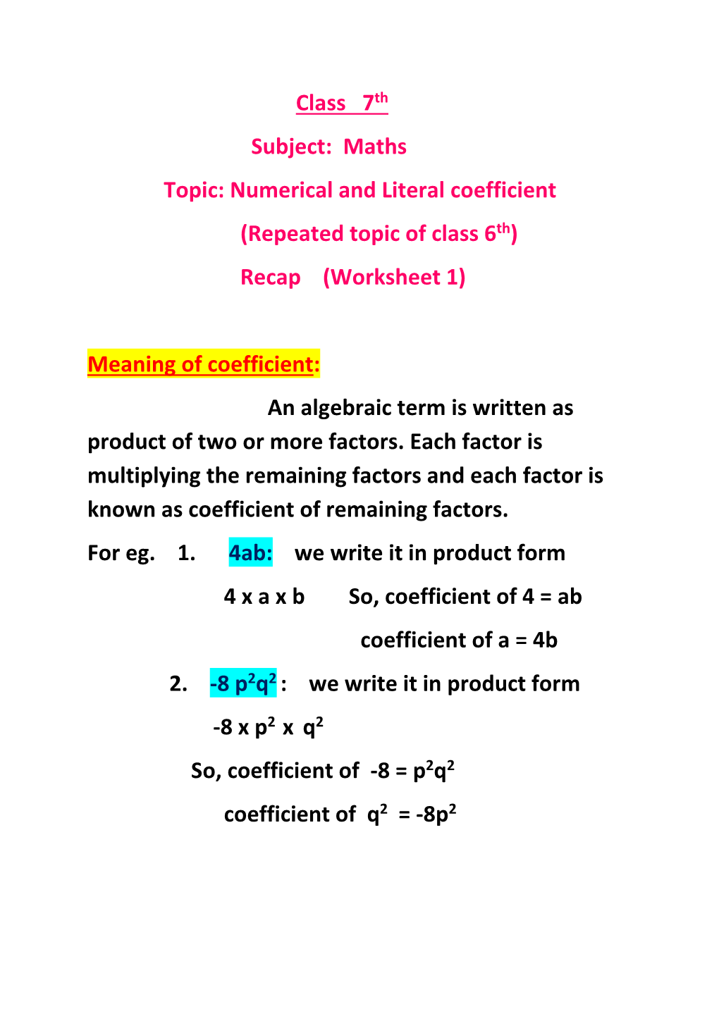 Numerical and Literal Coefficient (Repeated Topic of Class 6Th) Recap (Worksheet 1)