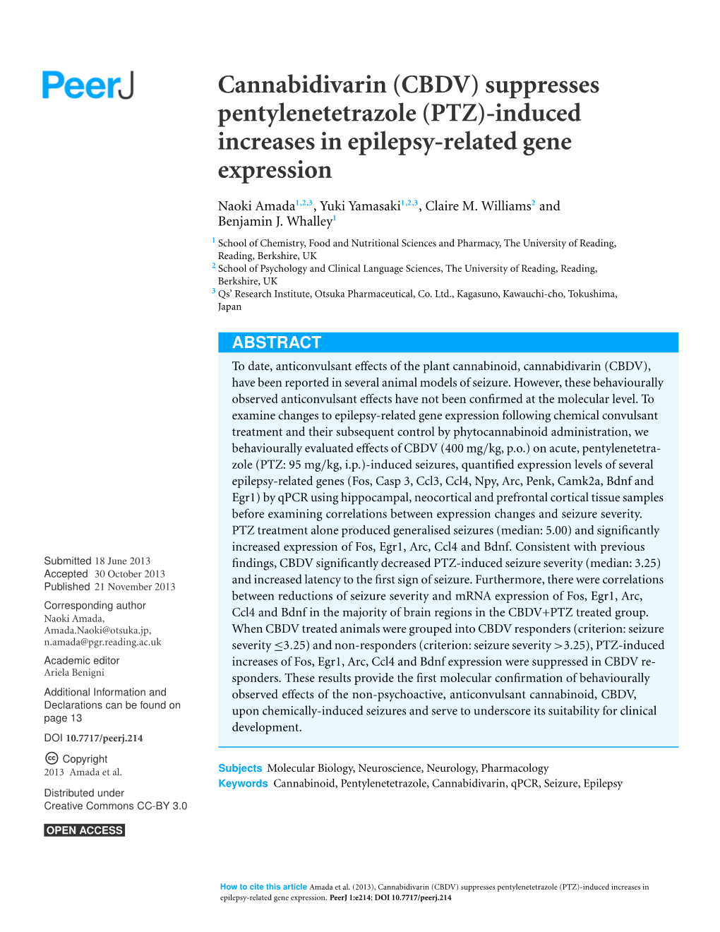 Cannabidivarin (CBDV) Suppresses Pentylenetetrazole (PTZ)-Induced Increases in Epilepsy-Related Gene Expression