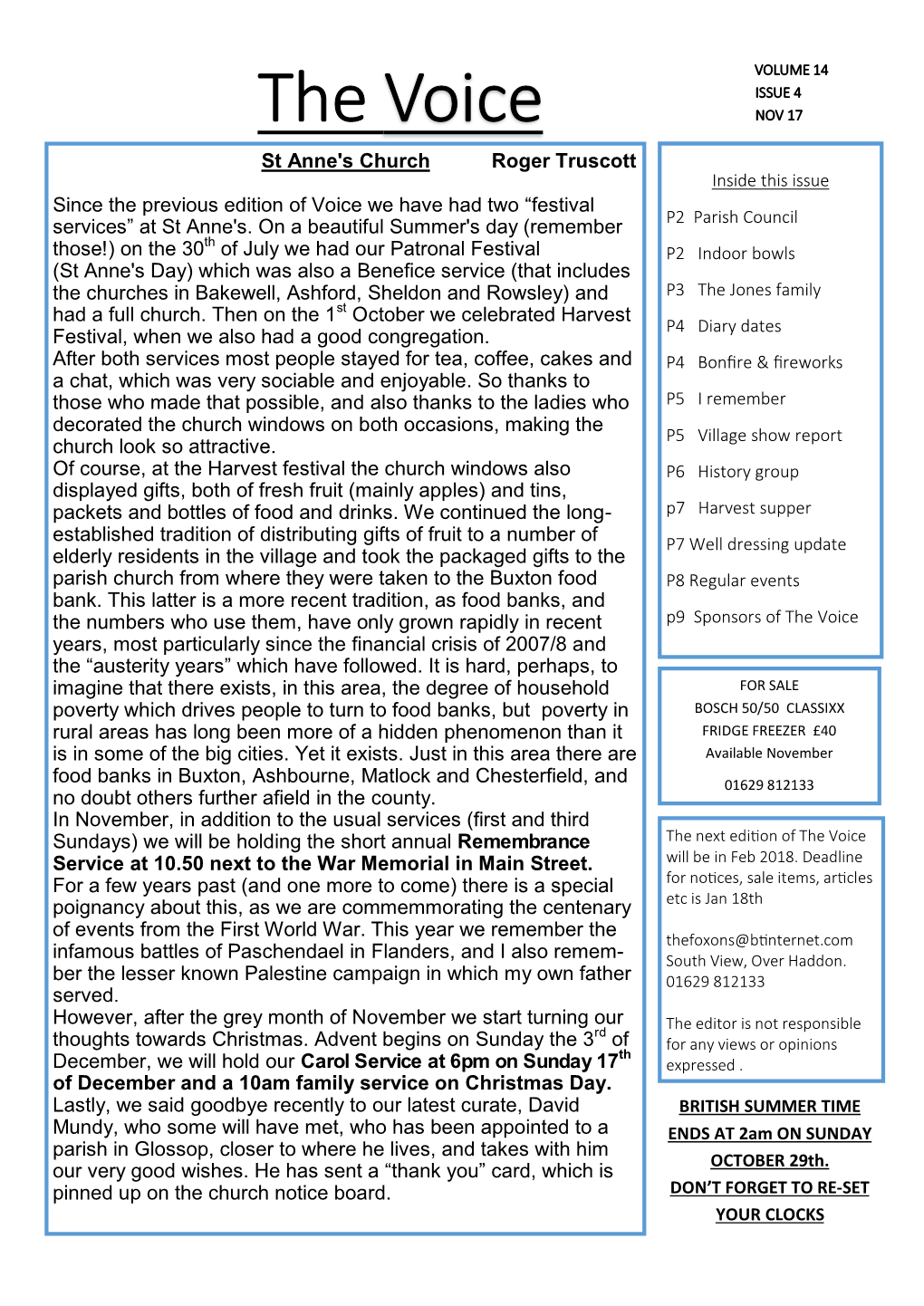 The Voice NOV 17 St Anne's Church Roger Truscott Inside This Issue Since the Previous Edition of Voice We Have Had Two “Festival Services” at St Anne's