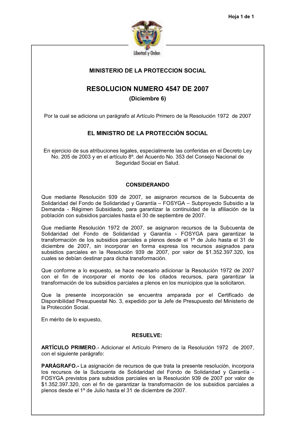 RESOLUCION NUMERO 4547 DE 2007 (Diciembre 6)