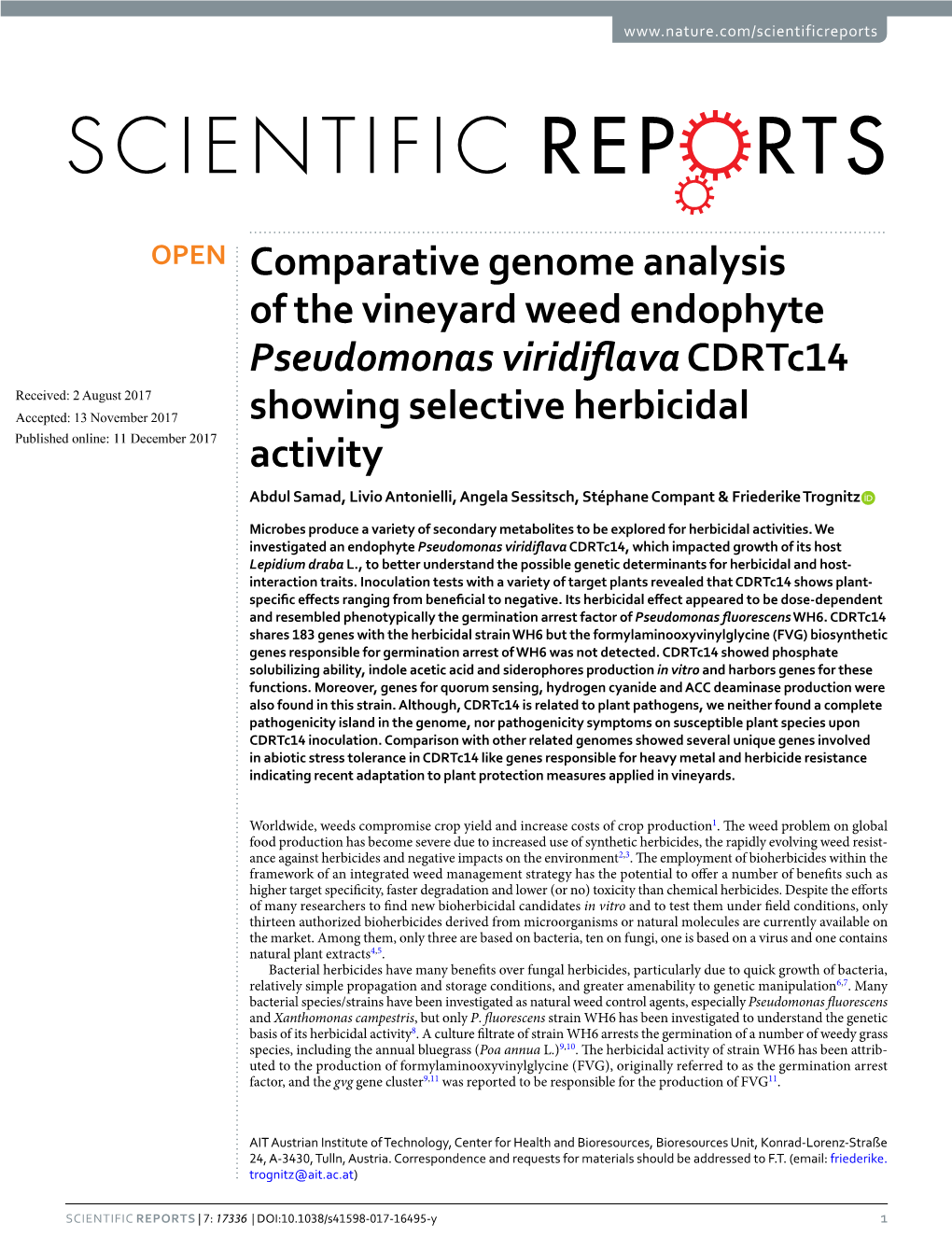 Comparative Genome Analysis of the Vineyard Weed Endophyte Pseudomonas Viridiflava Cdrtc14 Showing Selective Herbicidal Activity