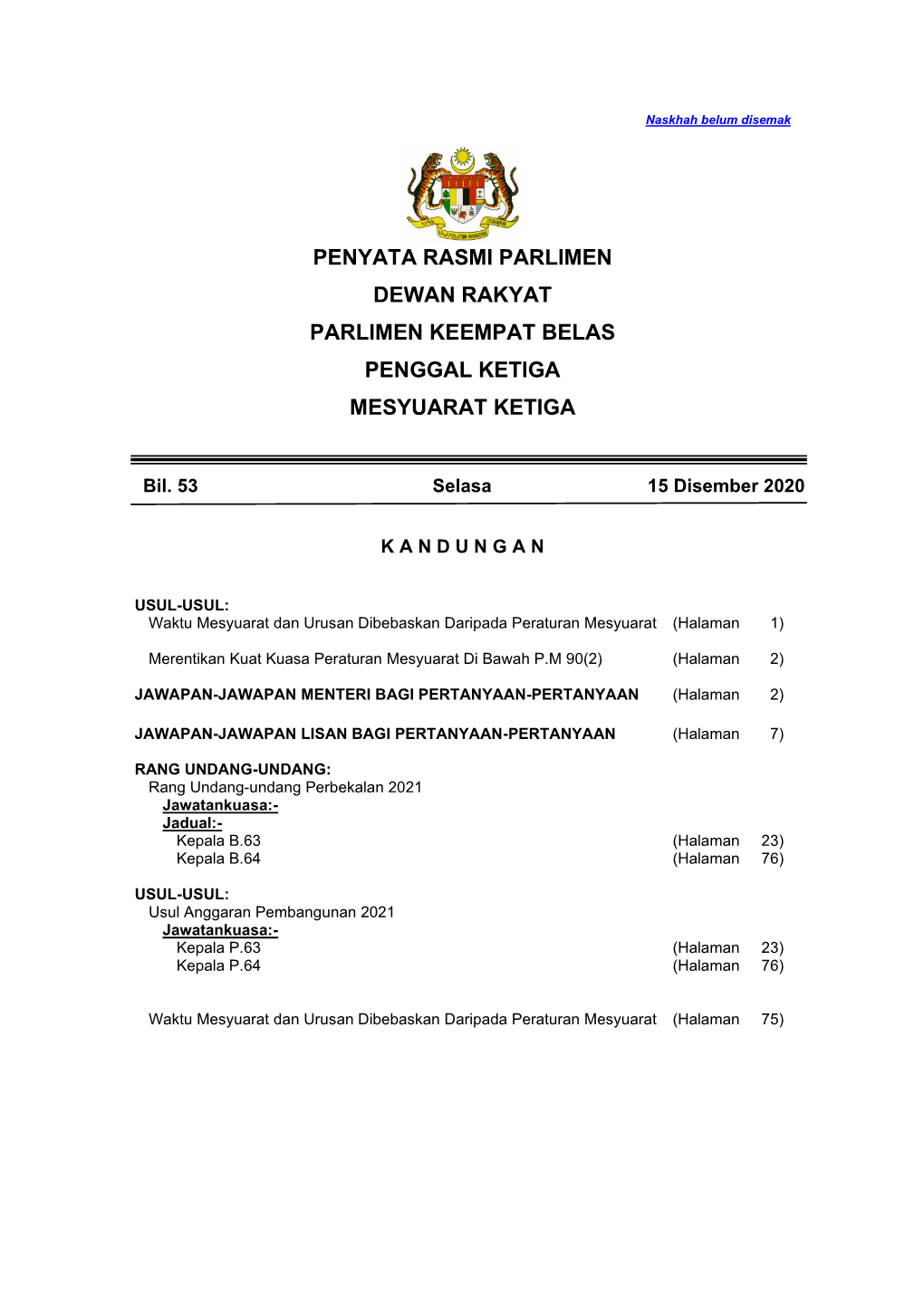 Bil. 53 Selasa 15 Disember 2020 KANDUNGAN