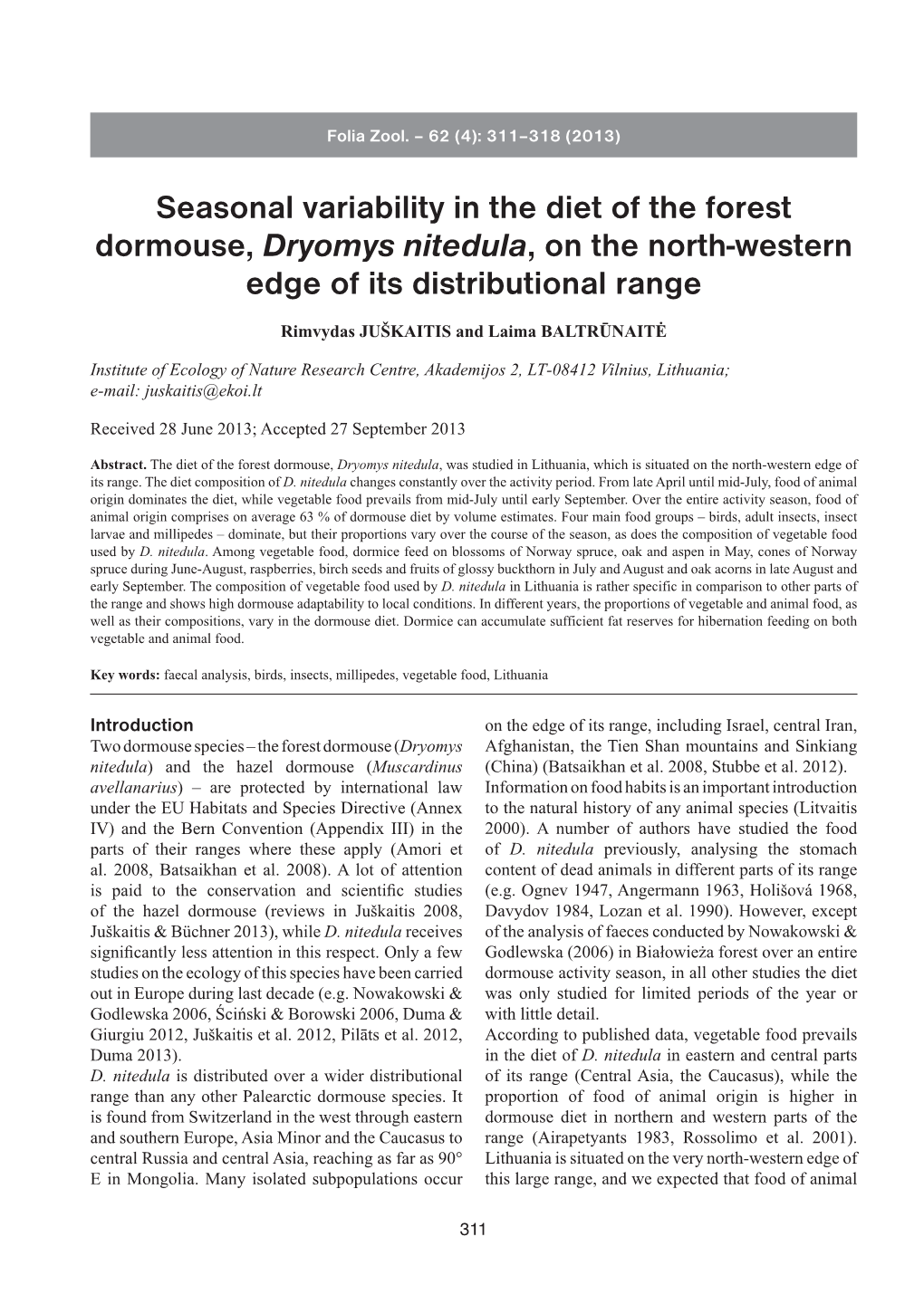 Seasonal Variability in the Diet of the Forest Dormouse, Dryomys Nitedula, on the North-Western Edge of Its Distributional Range