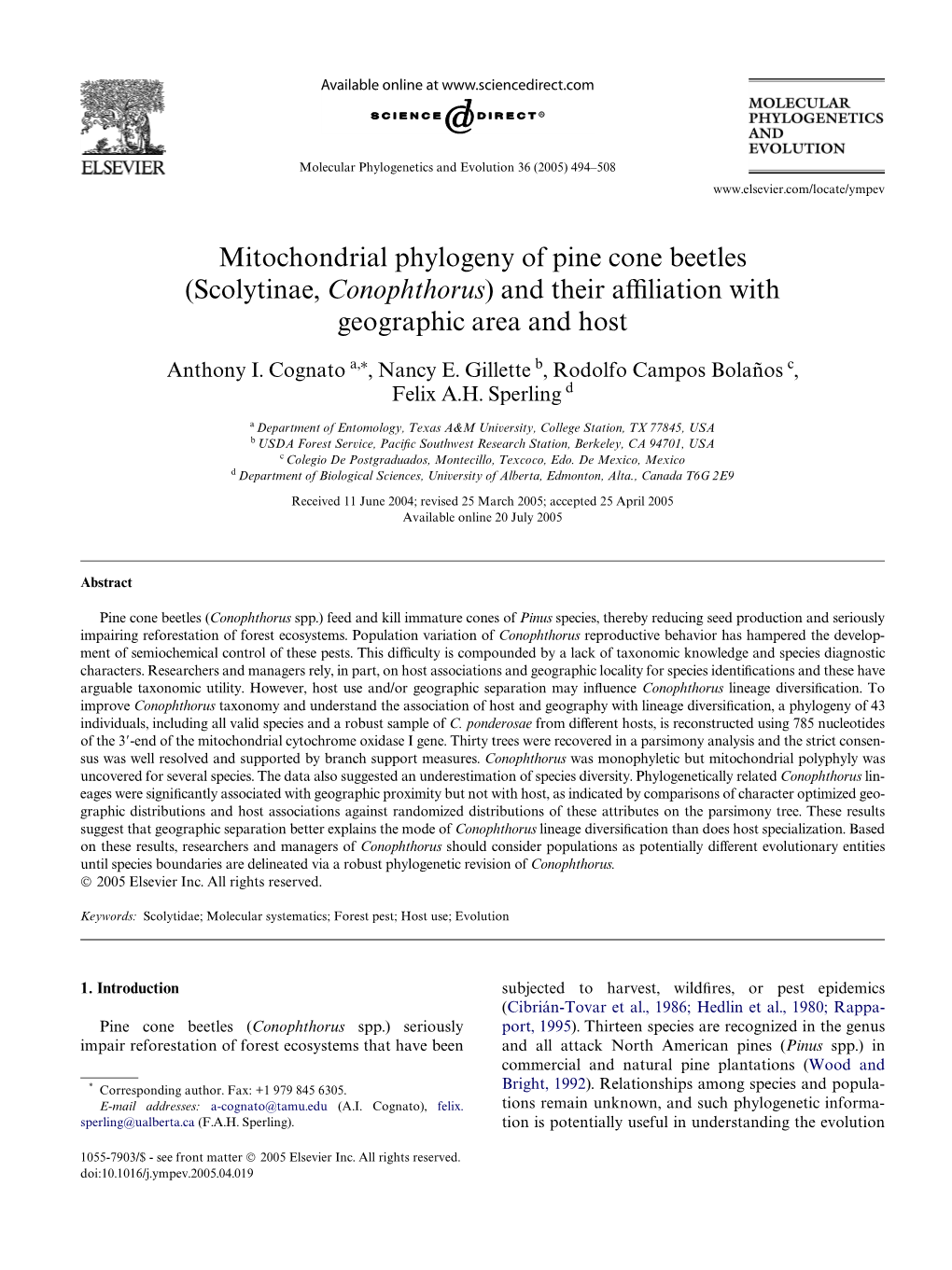 Mitochondrial Phylogeny of Pine Cone Beetles (Scolytinae, Conophthorus) and Their Ayliation with Geographic Area and Host