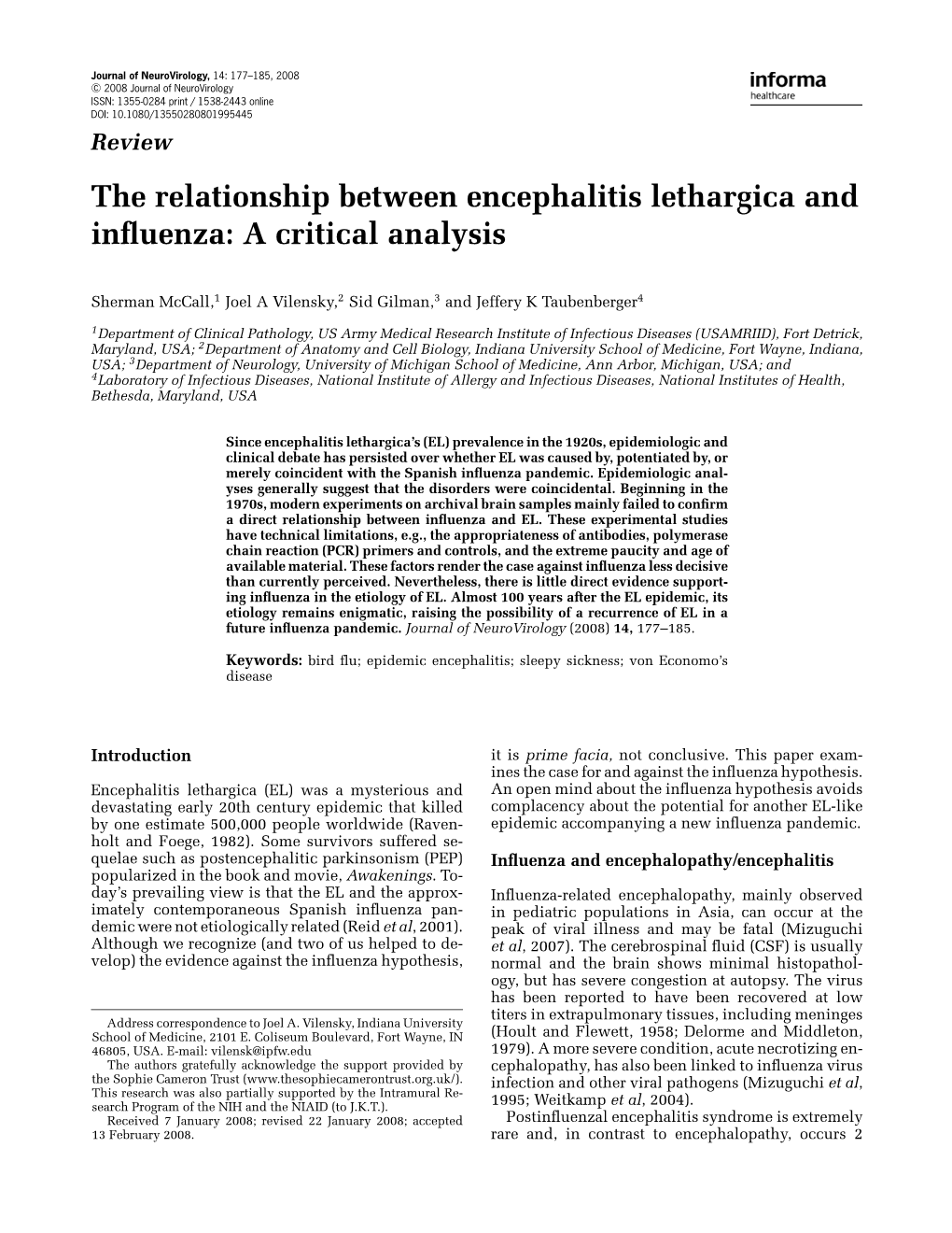 The Relationship Between Encephalitis Lethargica and Influenza: a Critical