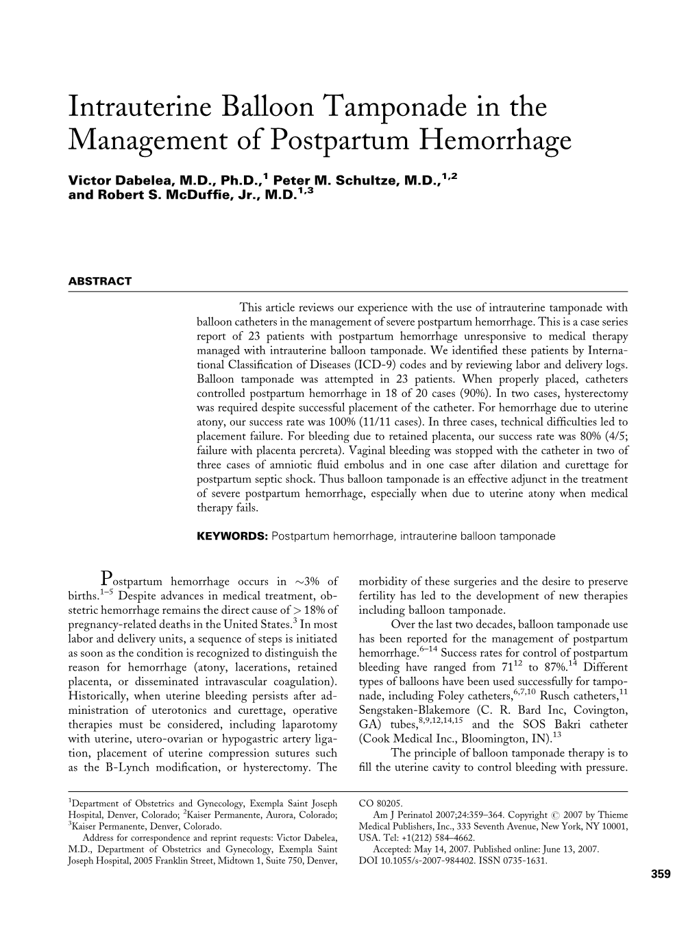 Intrauterine Balloon Tamponade in the Management of Postpartum Hemorrhage