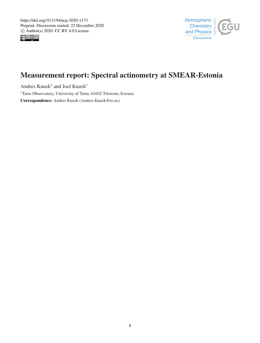 Spectral Actinometry at SMEAR-Estonia